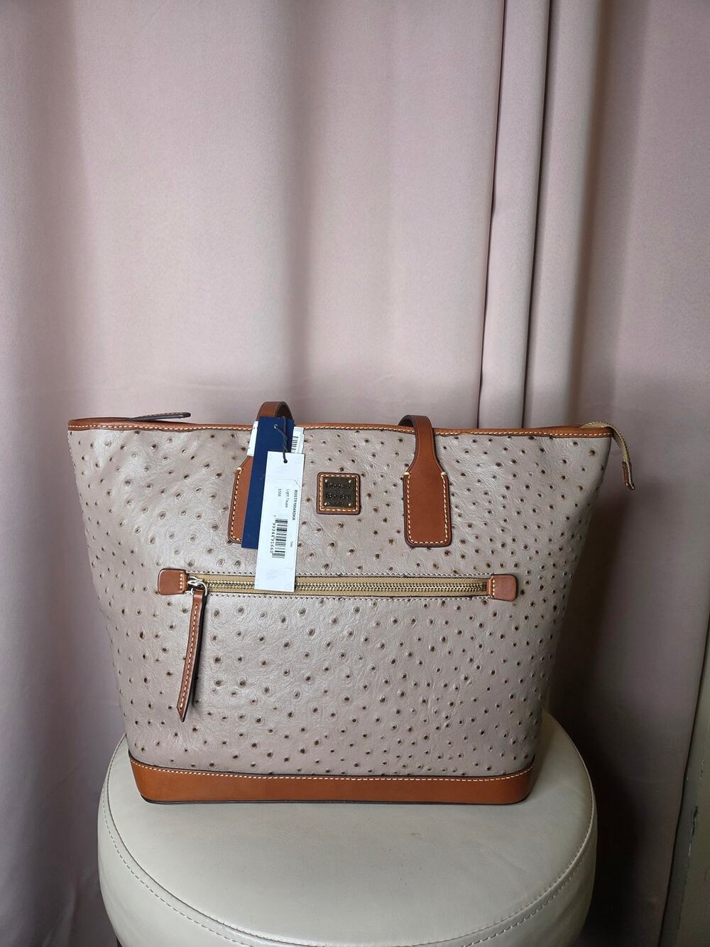 Dooney & Bourke Ostrich-Embossed Leather Charleston Tote Bag-Bone Gray &Tan Trim